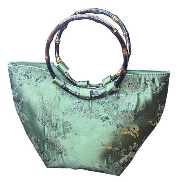 Oriental Floral Embroidered Purse Zipper Top Faux Silk Bamboo Handles - Picture 1 of 8